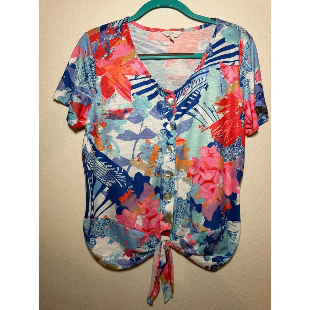 Coral Bay Petite Floral Button Front Tie Hem Top Pink Blue Orange PL